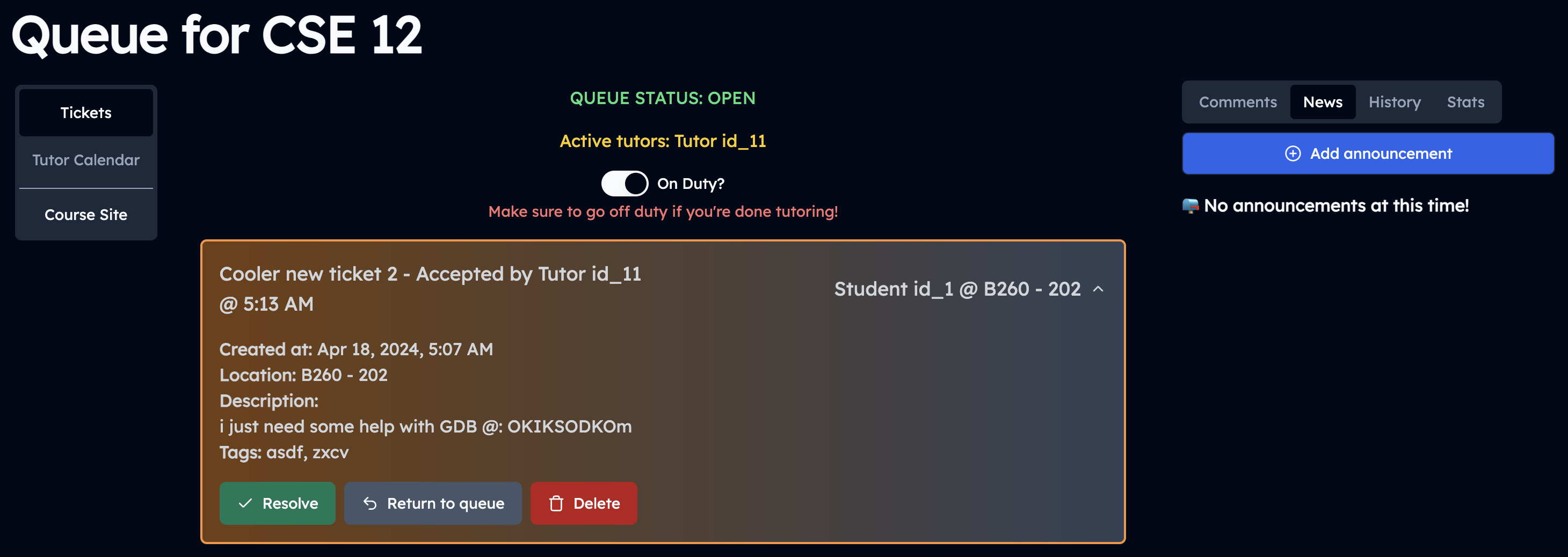 screenshot of the tickets queue with an active ticket
