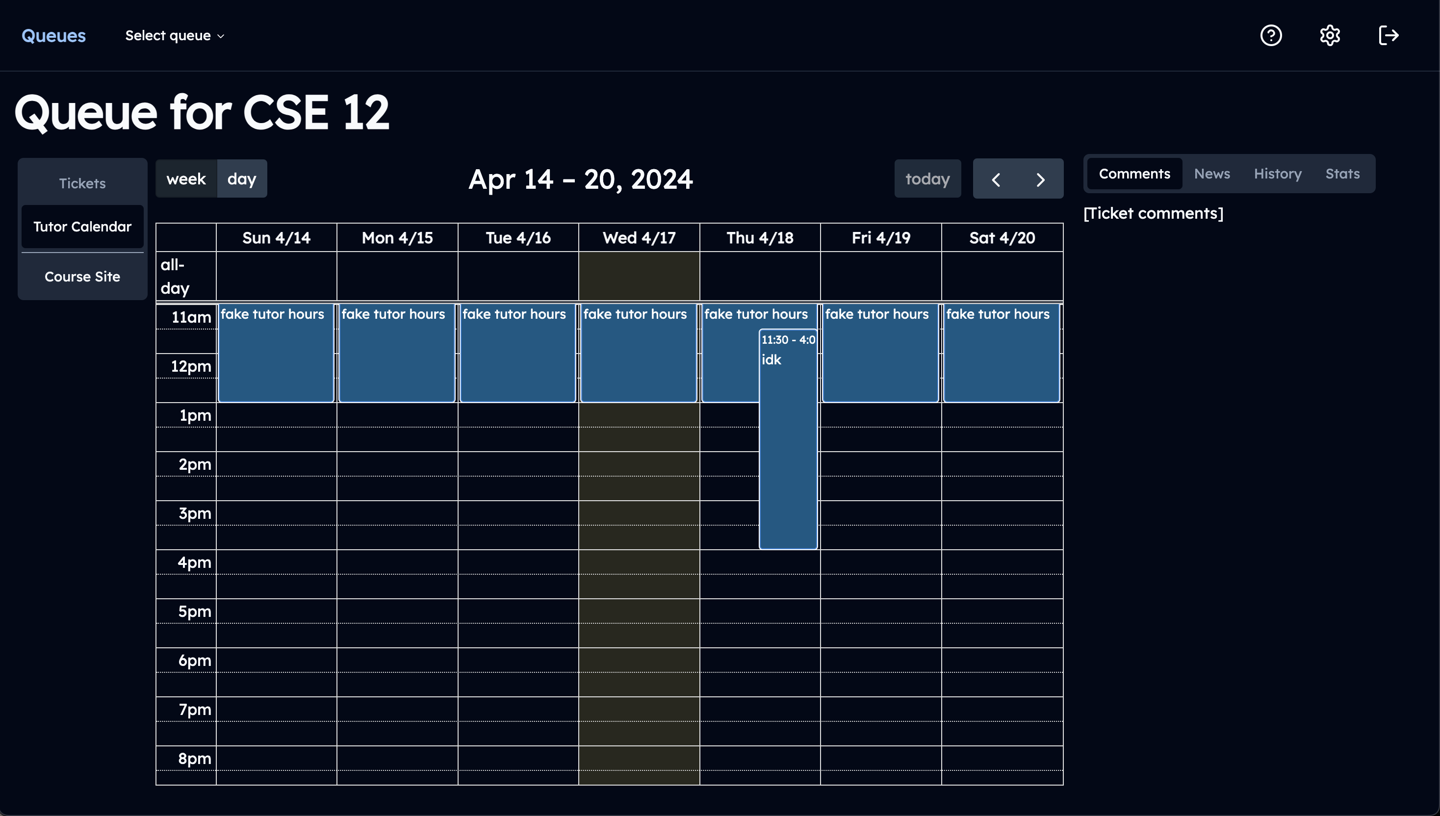 screenshot of the calendar