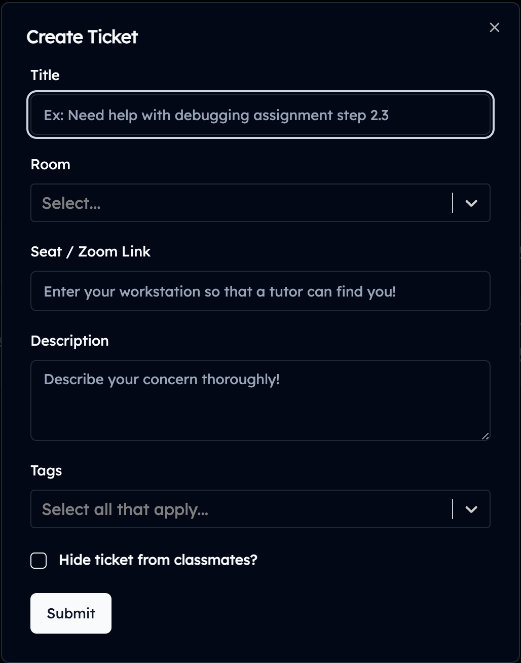 screenshot of the ticket creation menu