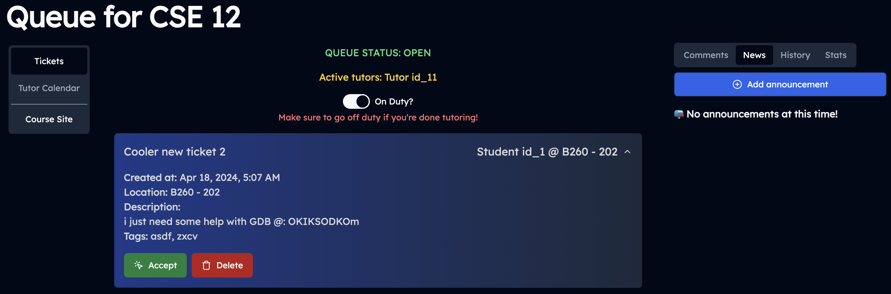 screenshot of the tickets queue with a new ticket